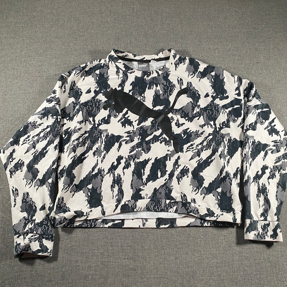Puma Sweatshirt Womens Medium M White Black Abstract Camo Cropped‎ Logo Pullover